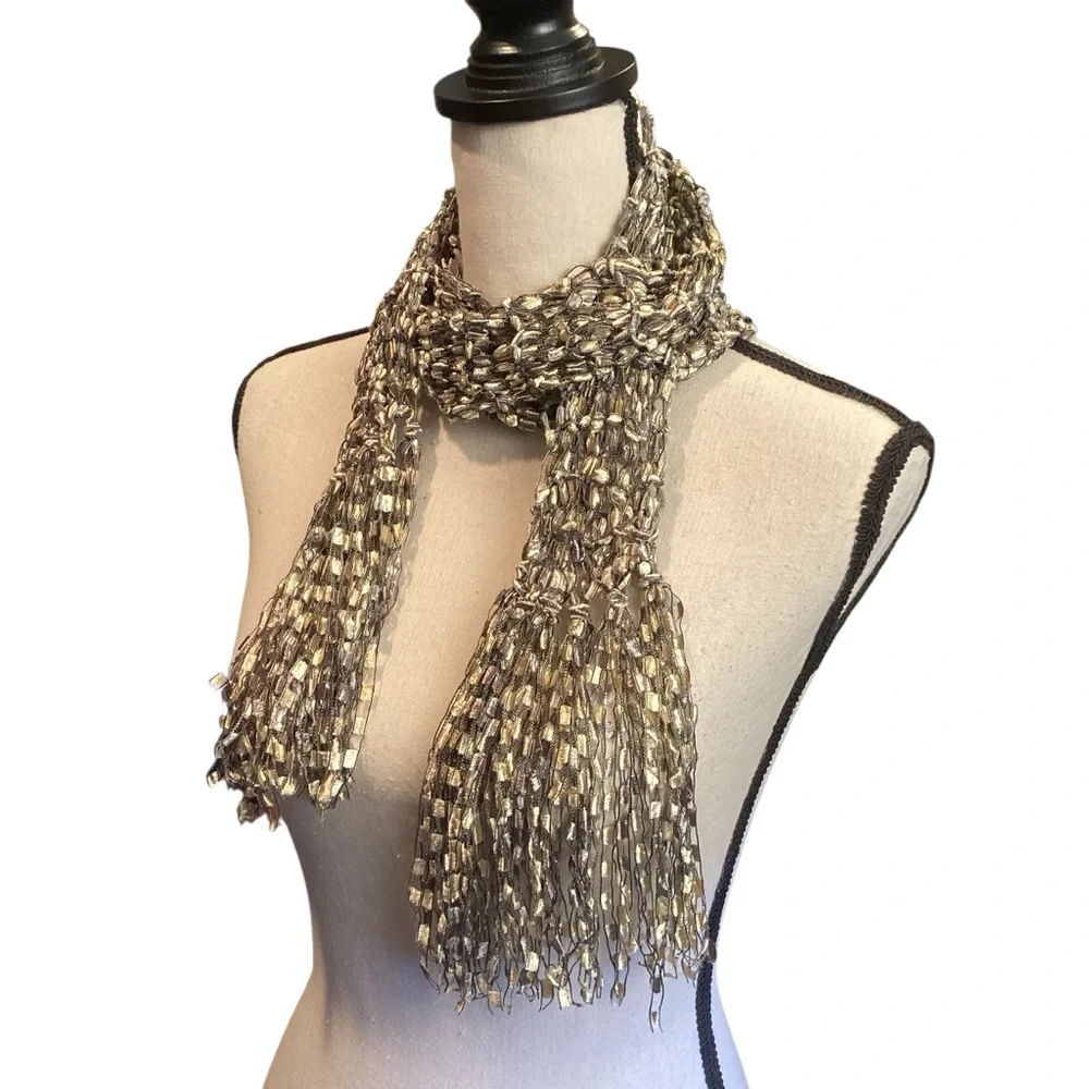 Handcrafted Fancy Ribbon Knit Fringe Scarf Gold, Brown, and Silver Stretch Boa‎